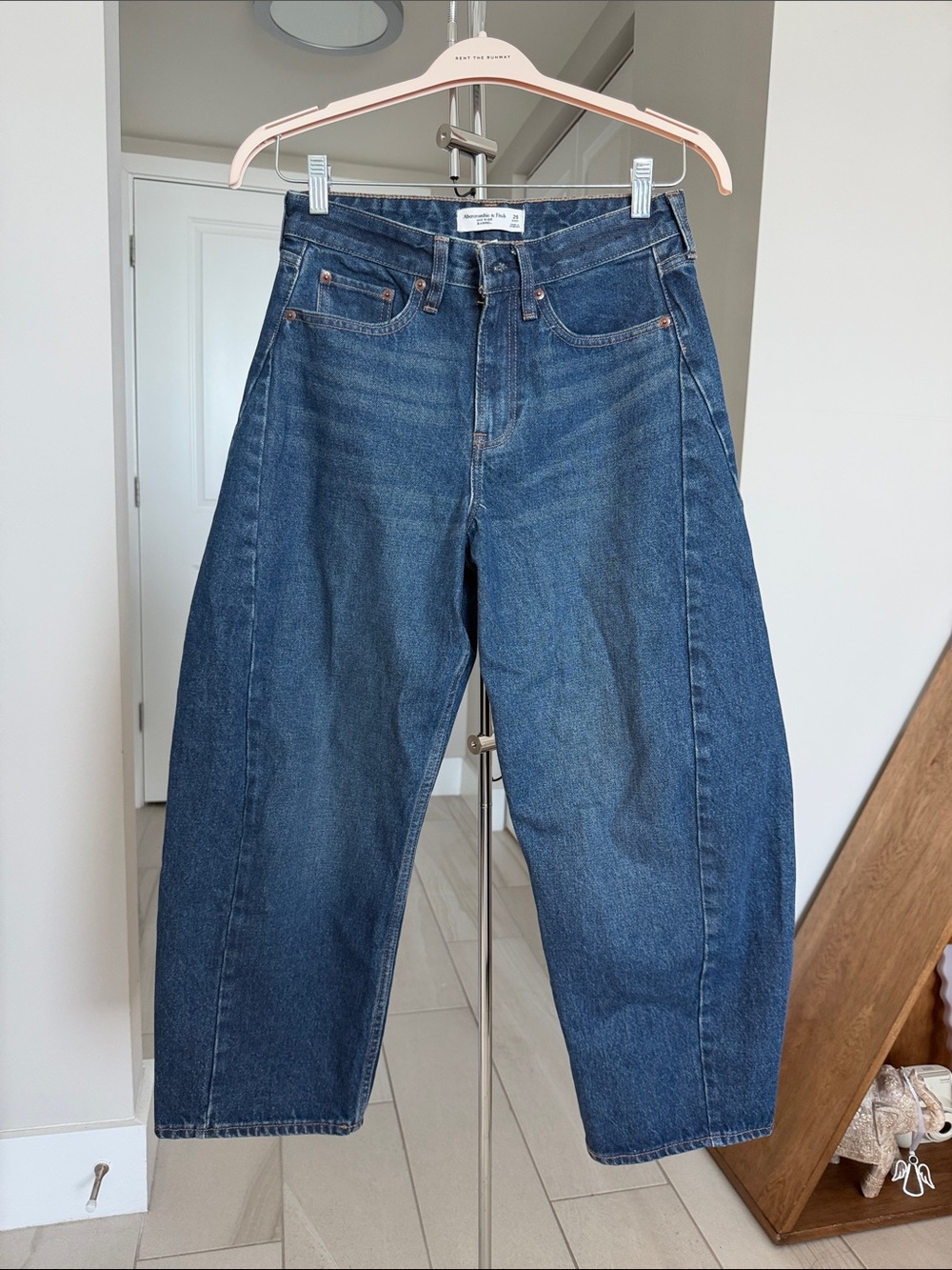Abercrombie & Fitch Dark Blue Mid-Rise Curve Love Barrel Jeans
